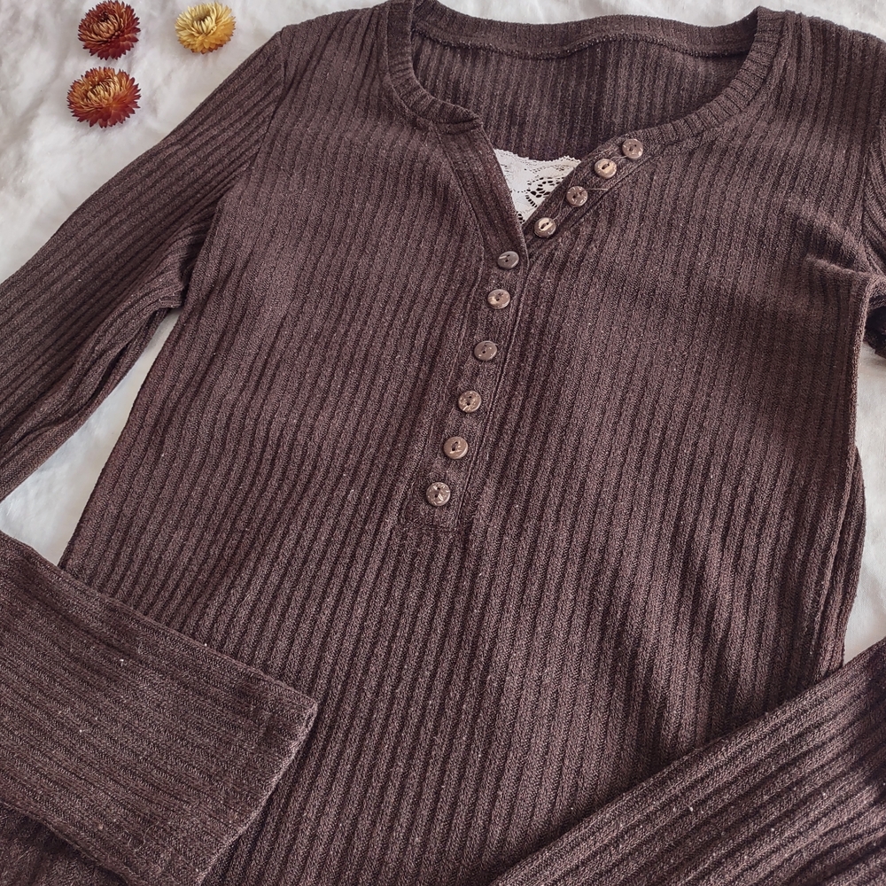 Women’s Brown Ribbed Henley Long Sleeve Top - Picture 5 of 5